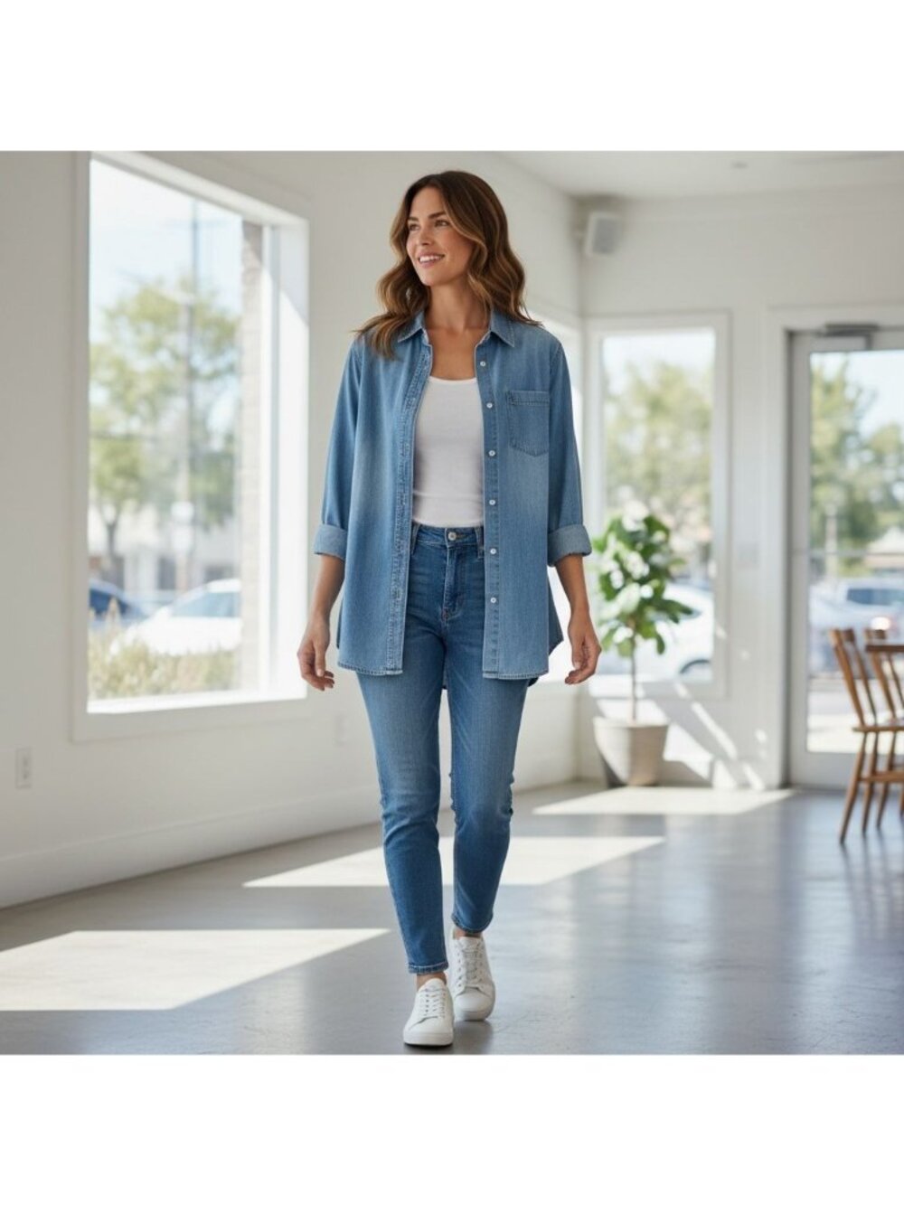 Vintage Cherokee Womens M Denim Button-Up Shirt Long Sleeve Tunic  Blue